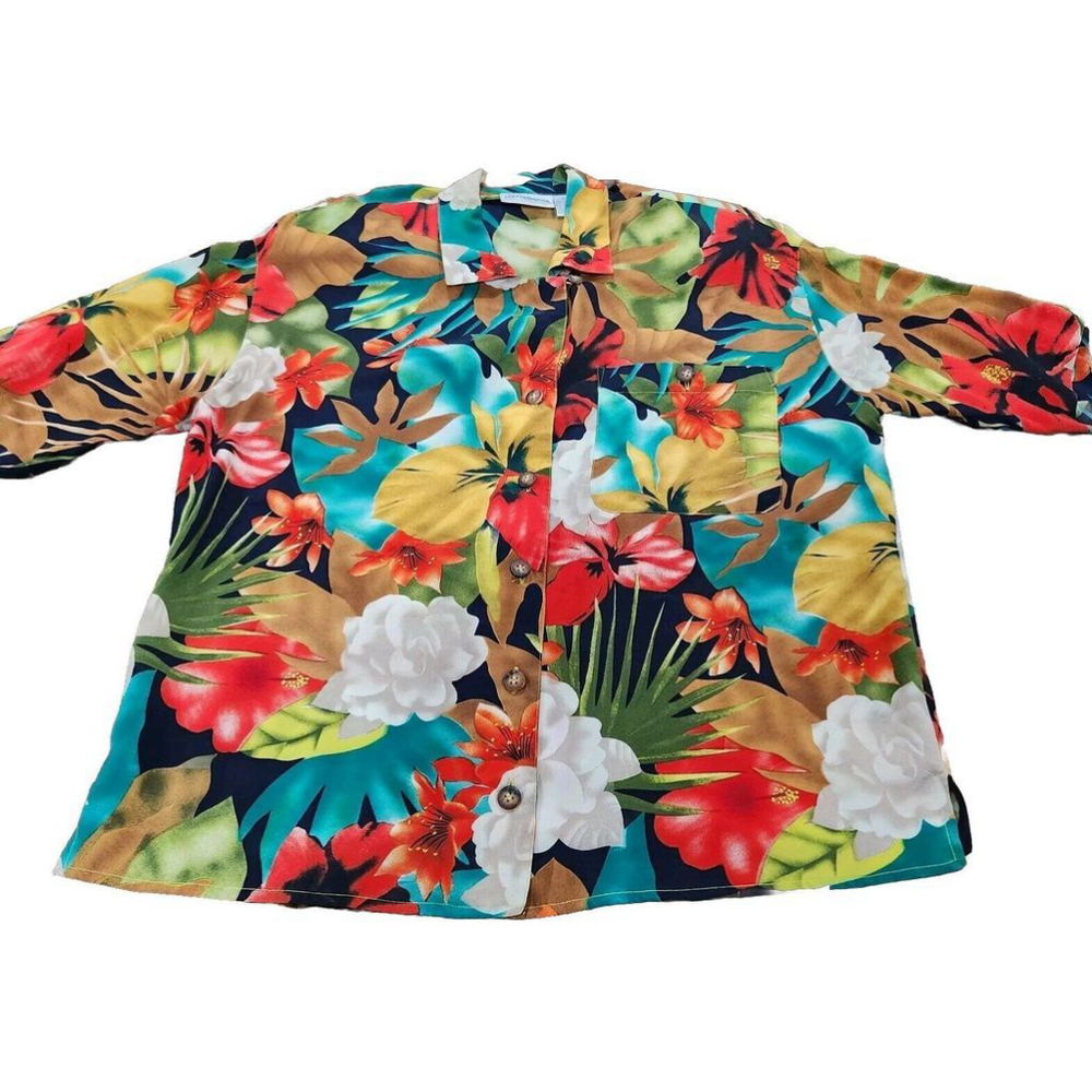 Liz Claiborne Collection 100% Silk Blouse Womens Size 10 Button Up Floral Pocket